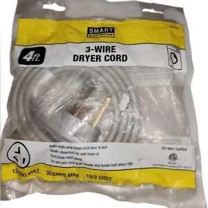 Smart Electrician 3-Wire Dryer Cord 4 Ft. #370-2525  30AMP Max 125/250 VOLT NIP